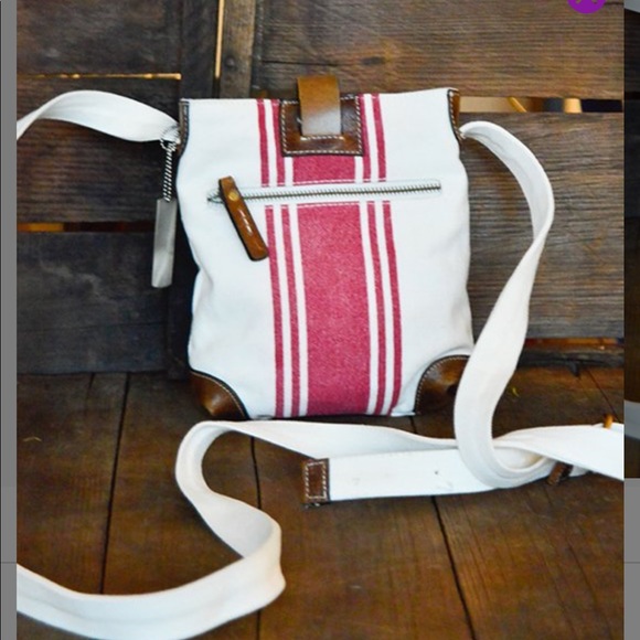 Le Papillon-white/burgundy stripe canvas/leather accent crossbody bag-LAST1! NWT - Picture 2 of 4